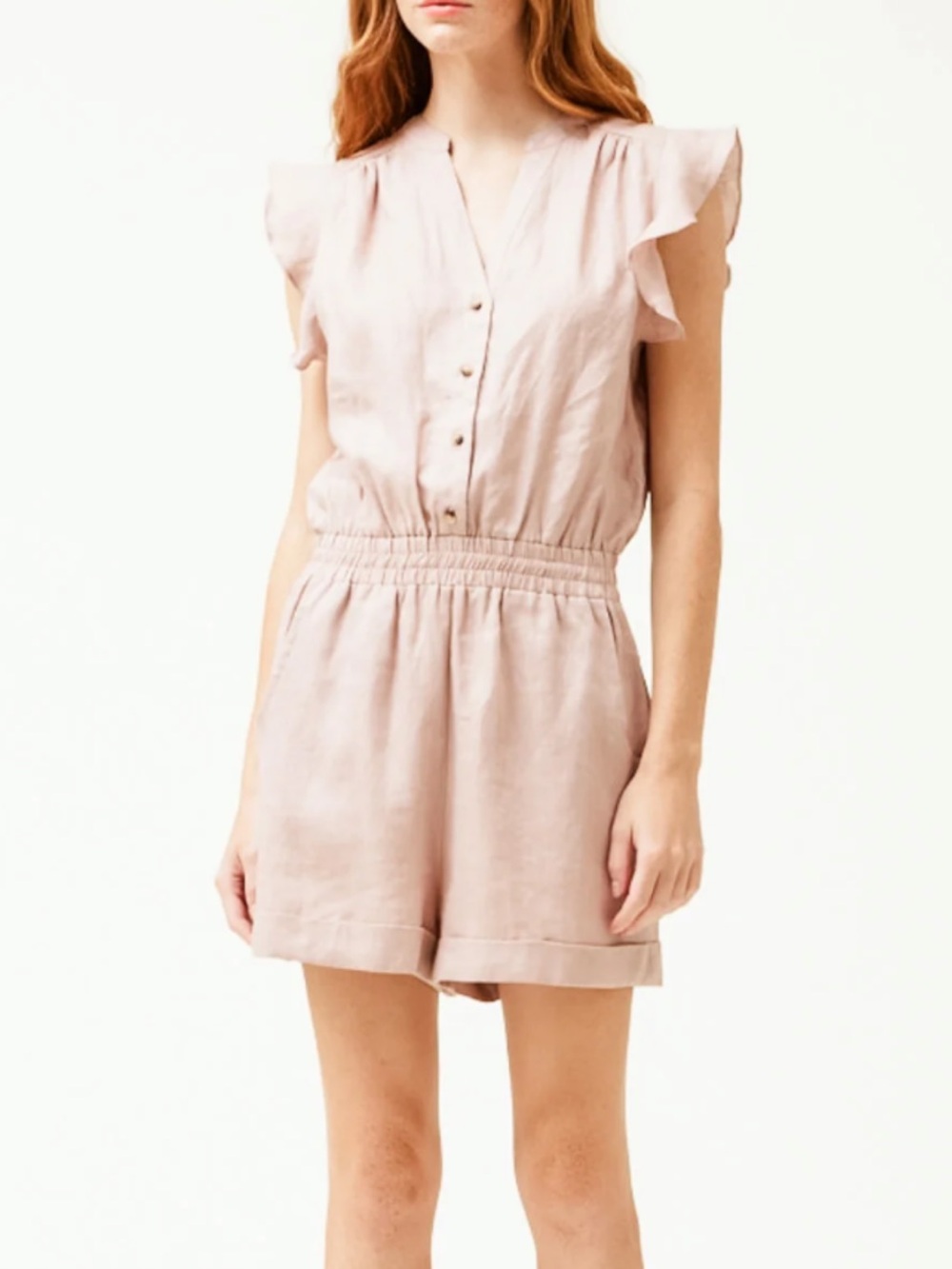 Grade & Gather Ruffle Sleeve Linen Romper GUC size medium pink